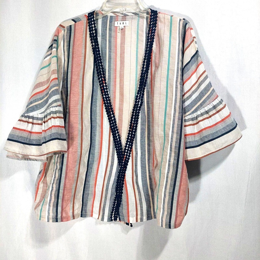 THML Kimono Caftan Top Womens Large Multicolored Stripe Cover Up Boho Cotton